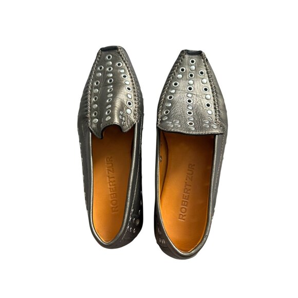 ROBERT ZUR Pewter Silver Metallic Leather Studded Flats Loafers Size 5.5 - Picture 2 of 11